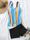 Plus Size Women Stripe Cover Belly Spaghetti Straps Tankini Beach Swimwear - Blue