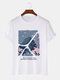 Mens Cherry Blossoms Mountain Graphic Short Sleeve Cotton T-Shirts - White