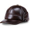 Men Cowhide Genuine Leather Baseball Cap Earflaps Earmuff Bomber Velvet Linen Hat - Brown
