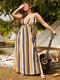 Plus Size Deep V Neck Striped Backless Tie-up Sleeveless Dress - Yellow