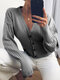 Solid Color Pleated V-neck Button Long Sleeve Cardigan - Grey