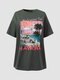 Camiseta solta com estampa de paisagem com estampa de slogan manga curta - cinzento