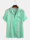 Mens Plain Color Striola Turn Down Collar Short Sleeve Shirts - Green