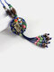 Vintage Round Flower Shape Pendant With Beaded Tassel Hand-woven Ceramics Alloy Long Sweater Necklace - Blue