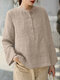 Solid Long Sleeve Button Front Crew Neck Blouse - Khaki
