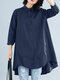 Solid Button High-Low Hem Lapel Loose Casual Shirt - Navy