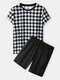 Mens Checkered Crew Neck Preppy Cotton Short Two Pieces Outfits - Black