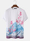Mens Cherry Blossom & Iceberg Landscape Pattern Short Sleeve Street White T-Shirt - White