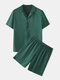 Green Faux Silk Co-ords Button Up Loungewear Lightweight Home Short Sleeve Sets - Green
