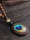 Vintage Bohemian Feather Tower Pattern Round Oval Shape Pendant Wooden Beaded Plastic Resin Necklace - #01