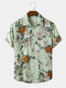 Mens Flower Plant Print Lapel Cotton Holiday Short Sleeve Shirts - Green