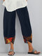 Vintage Print Patchwork Elastic Waist Pockets Plus Size Pants - Navy