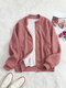 Solid Color Zip Front Round Neck Pocket Plush Jacket - Pink