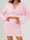 Solid Color Long Sleeve Knotted Hoodie Short Skirt Casual Set for Women - Pink