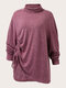 Plus Size Solid Color Drawstring High Neck Long Sleeve T-shirt - Wine Red