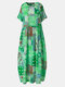 Printed O-Neck Short Sleeve Maxi Dress With Pocket - Green