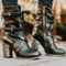 Large Size Women Motorcycle Buckle Strappy Zipper High Heel Middle Boots - Black