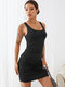 Solid Lace Stitch Backless Sleeveless Scoop Neck Folds Sexy Dress - Black