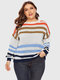 Striped Knit Crewneck Plus Size Sweater - Blue