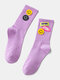Women Cotton Smile Face Letters Patterned Cloth Label Breathable Medium Stockings Socks - Light Purple