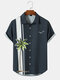 Mens Coconut Tree Striped Print Button Up Short Sleeve Shirts - Navy