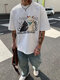 Camisetas masculinas de manga curta com estampa de gato de desenho animado com gola redonda - Branco