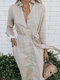 Solid Color Tie Waist Long Sleeve Lapel Casual Dress - Apricot