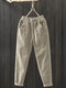 Corduroy Elastic Waist Plus Size Vintage Pants for Women - Beige