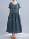 Floral Allover Print Tie Waist Plus Size O-neck Pocket Dress - Blue