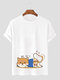 Mens Cartoon Heart Cat Print Crew Neck Short Sleeve T-Shirts - White