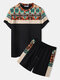 Mens Ethnic Geometric Pattern Stitching Crew Neck Two Pieces Outfits - Black