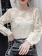 Solid Lace Stitch Hollow Long Sleeve Crew Neck Blouse - Apricot
