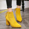 Women Comfy Suede Pointed Toe Zipper Chunky Heel Short Boots - Yellow