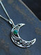 Vintage Trendy Inlaid Green Moonstone Hollow Wire Wrapped Moon-shaped Pendant Alloy Necklace - Silver