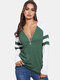 Contrast Color Zip Front V-neck Long Sleeve Casual T-shirt - Green
