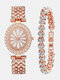 2 Pcs/Set Women Trendy Full Rhinestone Lace Oval-shaped Dial Watch Decorated Pointer Quartz Watch Full Rhinestones Bracelet - Rose Gold