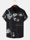 Mens Monochrome Japanese Cherry Blossoms Print Lapel Short Sleeve Shirts - Black