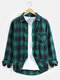 Mens Check Button Up Lapel Cotton Long Sleeve Shirts With Pocket - Green