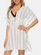 Plus Size Striped Beachwear Front Tie Bat Sleeve Loose Sun Protection Cover Ups - White