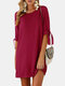 Knotted Long Sleeve O-neck Casual Mini Plus Size Dress - Wine Red