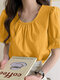Solid Puff Sleeve Smocked Crew Neck Casual Blouse - Yellow