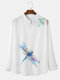 Mens Dragonfly Leaf Print Stand Collar Button Up Casual Long Sleeve Shirts - White