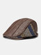Collrown Men PU Color Contrast Stripe Knitted Patchwork Embroidery Thread Side Adjustable Warmth Casual Beret Flat Cap - Brown
