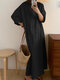 Solid Long Sleeve Round Neck Casual Cotton Maxi Dress - Black