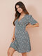 Floral Print Wrap V-neck Short Sleeve High Waist Chiffon Dress - Blue