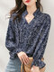 Floral Print Ruffle Long Sleeve Casual V Neck Blouse - Navy