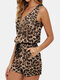 Leopard Printed V-neck Front Zipper Sleeveless Rompers - Khaki