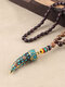 Vintage Ox Horn-shaped Pendant Geometric Beaded Hand-woven Wooden Necklace - #02