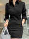 महिला सॉलिड लैपल हाफ बटन कैजुअल लंबी बांह की पोशाक - काली