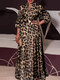 فستان نسائي مقاس كبير بطباعة الفهد ورقبة على شكل حرف V وأكمام 3/4 - الكاكي